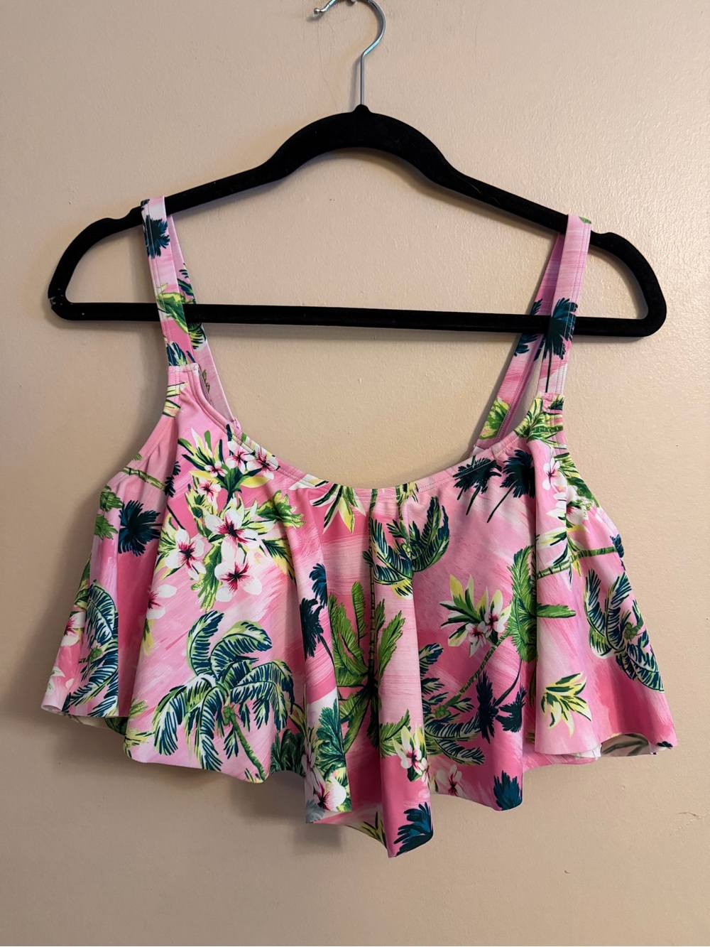 Pink Tropical Print Flounce Bikini Top